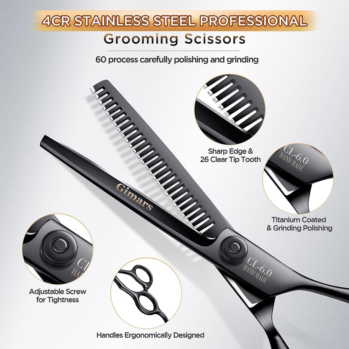 4CR Stainless Steel Safety round Tip 6 in 1 Professional Dog Grooming Scissors Kit, Heavy Duty Titanium Coated Straight & Thinning & Curved Shears & Comb Set for Dog & Cat Grooming