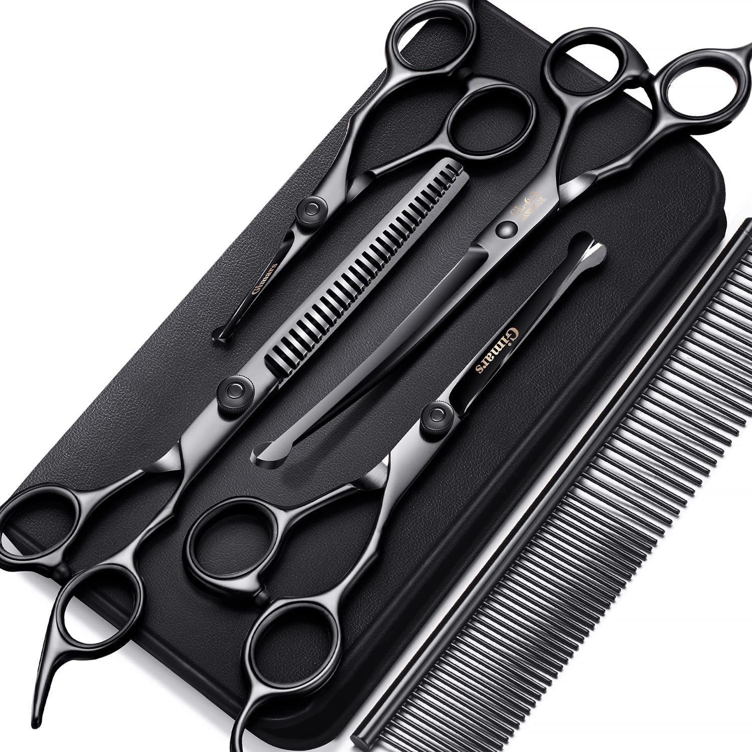4CR Stainless Steel Safety round Tip 6 in 1 Professional Dog Grooming Scissors Kit, Heavy Duty Titanium Coated Straight & Thinning & Curved Shears & Comb Set for Dog & Cat Grooming