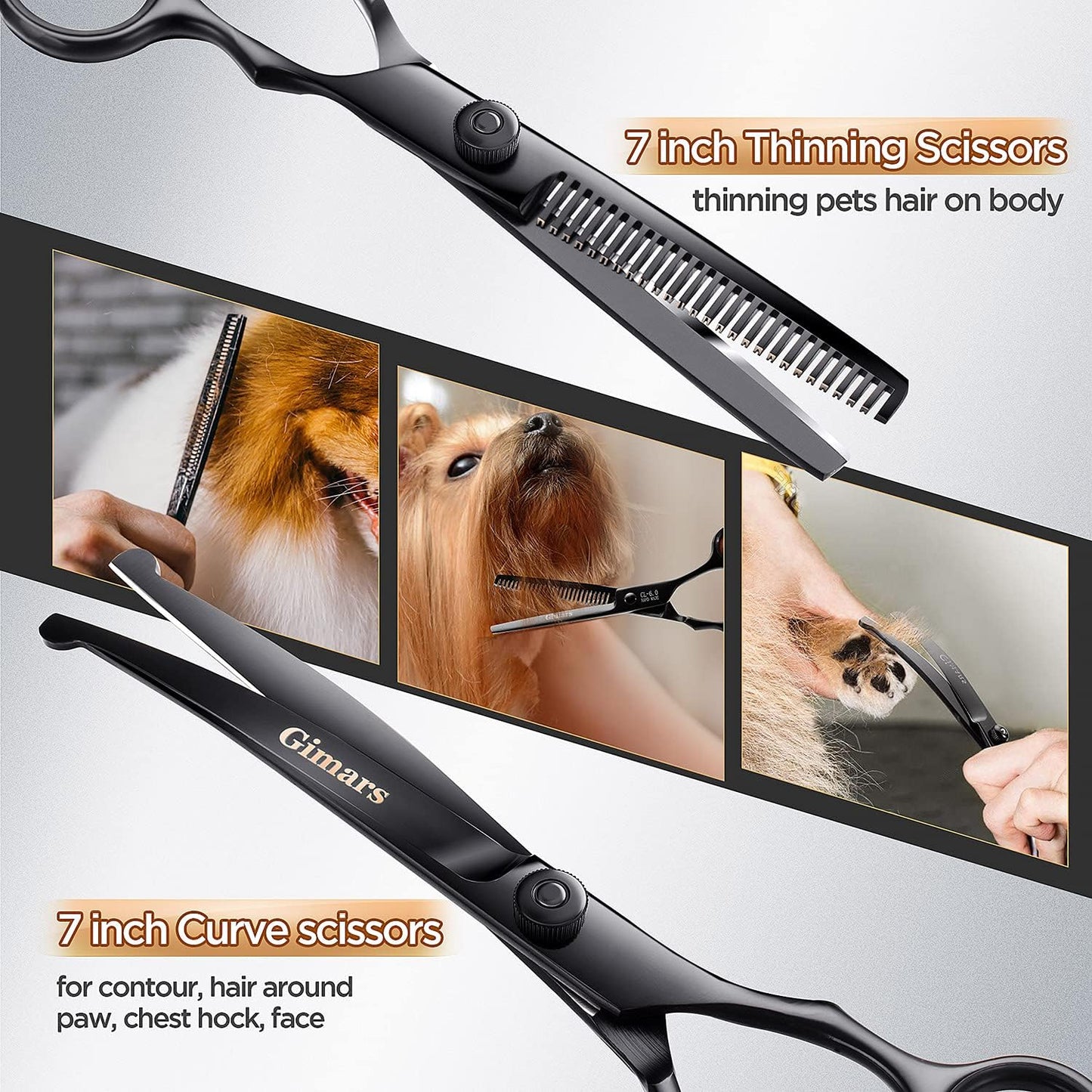 4CR Stainless Steel Safety round Tip 6 in 1 Professional Dog Grooming Scissors Kit, Heavy Duty Titanium Coated Straight & Thinning & Curved Shears & Comb Set for Dog & Cat Grooming